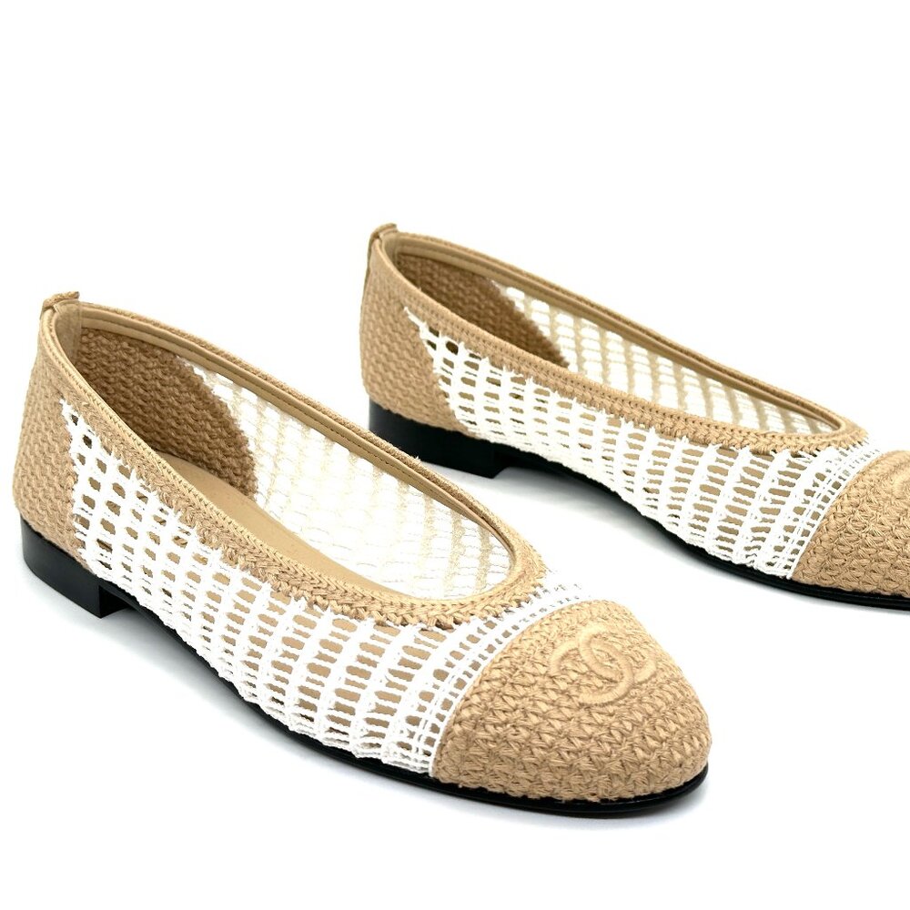 CHANEL REV CC Raffia Crochet Woven Two Tone Cap Toe Ballerina Ballet Flats - Picture 12 of 14